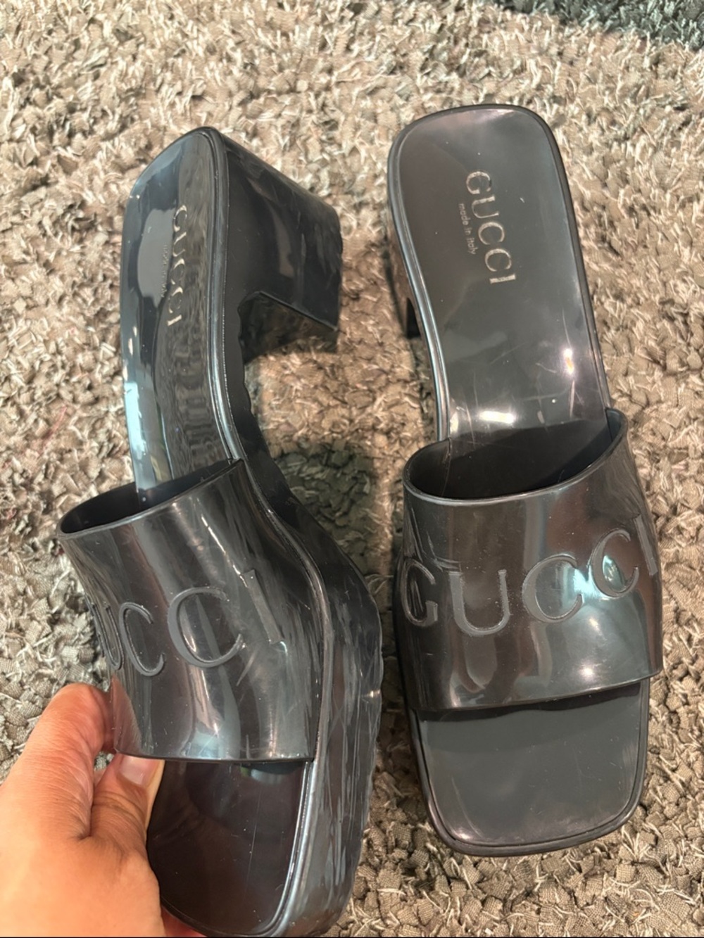 Gucci Black Patent Slide Mules with Embossed Logo - Picture 12 of 15